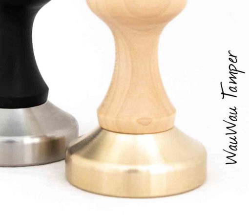 WauWau tamper stainless steel/beech black stained&amp;brass/maple natural detail